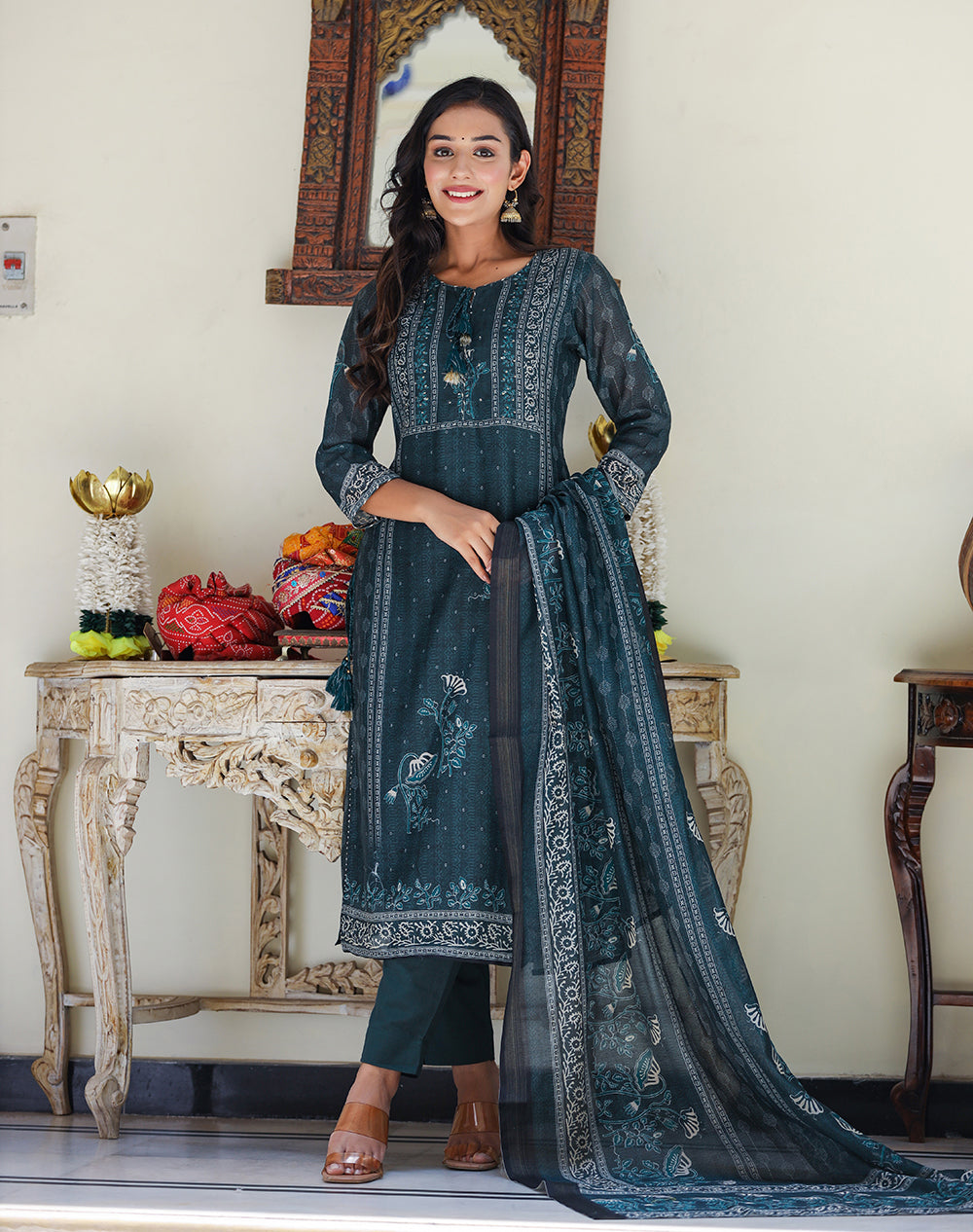 Kaajh Women's Royal Blue Chanderi Kurta Set With Pant And Dupatta | Grocsy