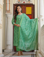 Kaajh Women's Green Printed Chanderi Kurta Set With Pant And Dupatta | Grocsy