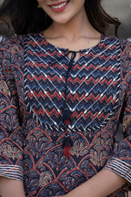 Kaajh Women's Navy Blue Printed Cotton Kurta Pant Set | Grocsy