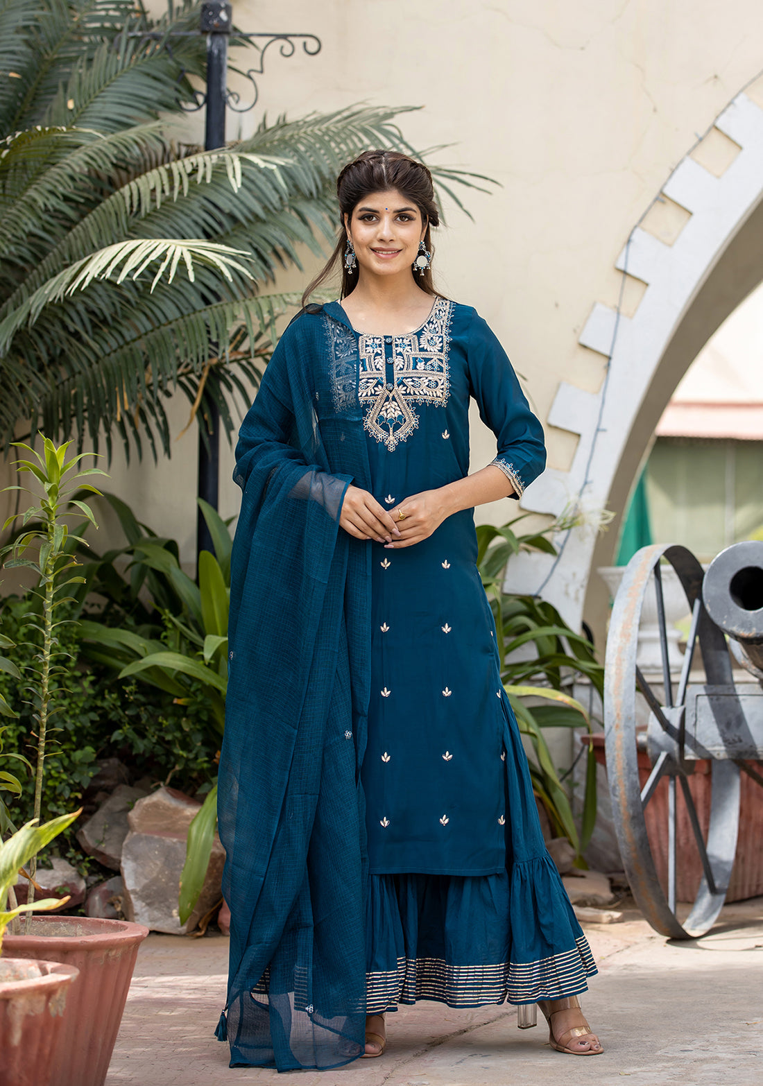 Kaajh Women's Blue Modal Silk Embroidered Kurta Sharara Set With Dupatta | Grocsy