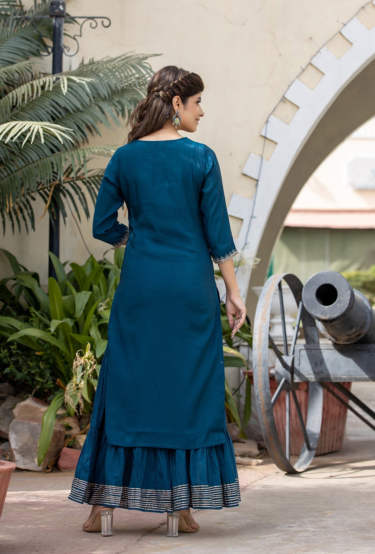 Kaajh Women's Blue Modal Silk Embroidered Kurta Sharara Set With Dupatta | Grocsy