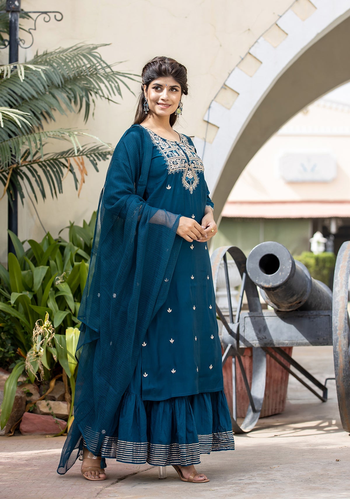 Kaajh Women's Blue Modal Silk Embroidered Kurta Sharara Set With Dupatta | Grocsy