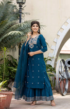 Kaajh Women's Blue Modal Silk Embroidered Kurta Sharara Set With Dupatta | Grocsy