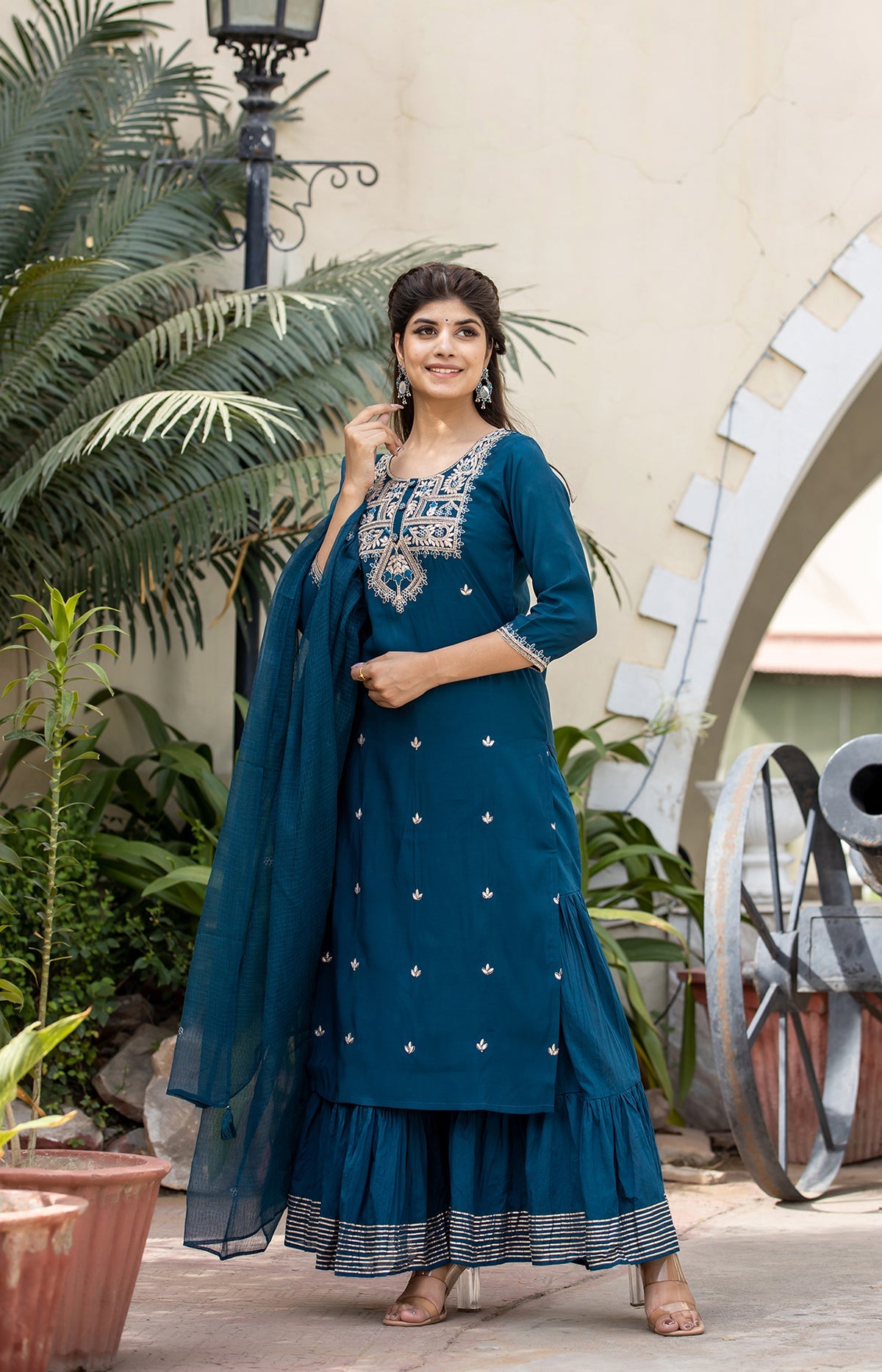 Kaajh Women's Blue Modal Silk Embroidered Kurta Sharara Set With Dupatta | Grocsy