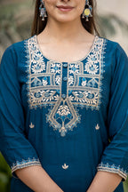 Kaajh Women's Blue Modal Silk Embroidered Kurta Sharara Set With Dupatta | Grocsy