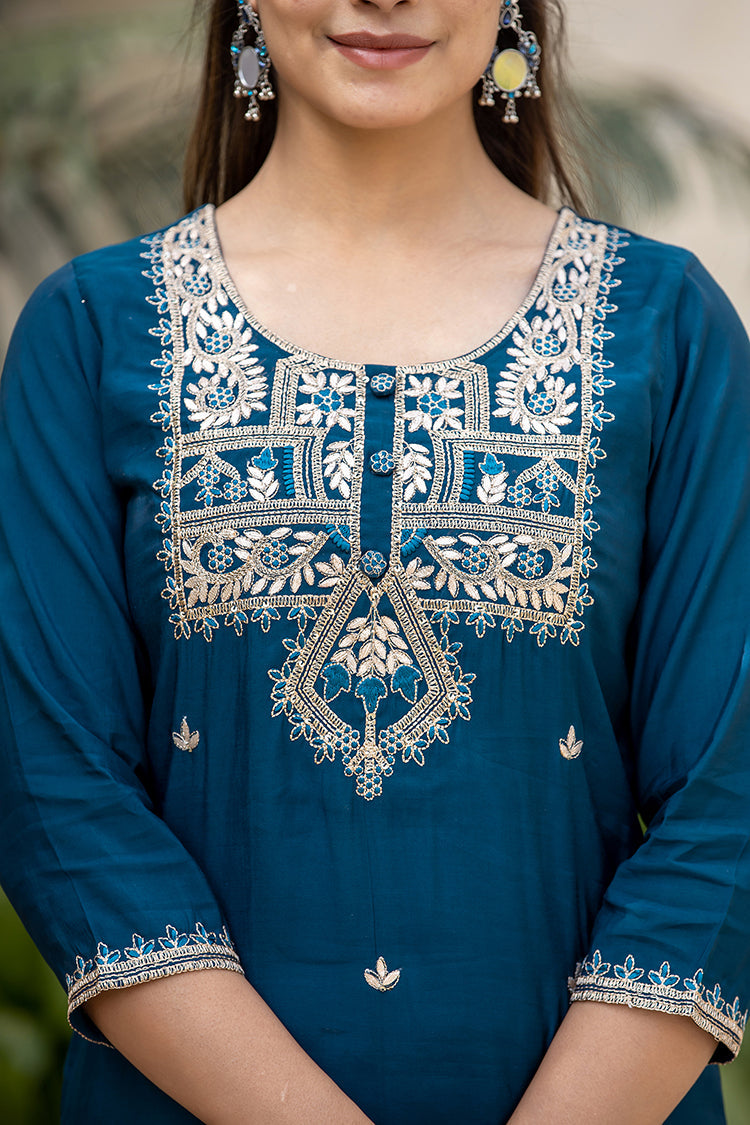 Kaajh Women's Blue Modal Silk Embroidered Kurta Sharara Set With Dupatta | Grocsy