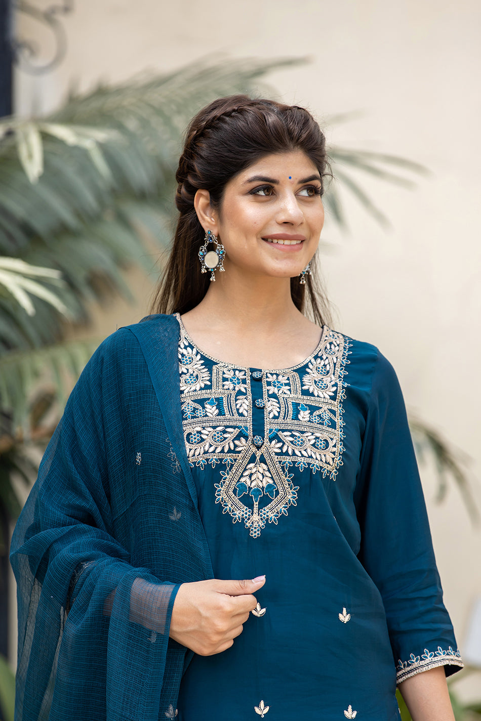 Kaajh Women's Blue Modal Silk Embroidered Kurta Sharara Set With Dupatta | Grocsy