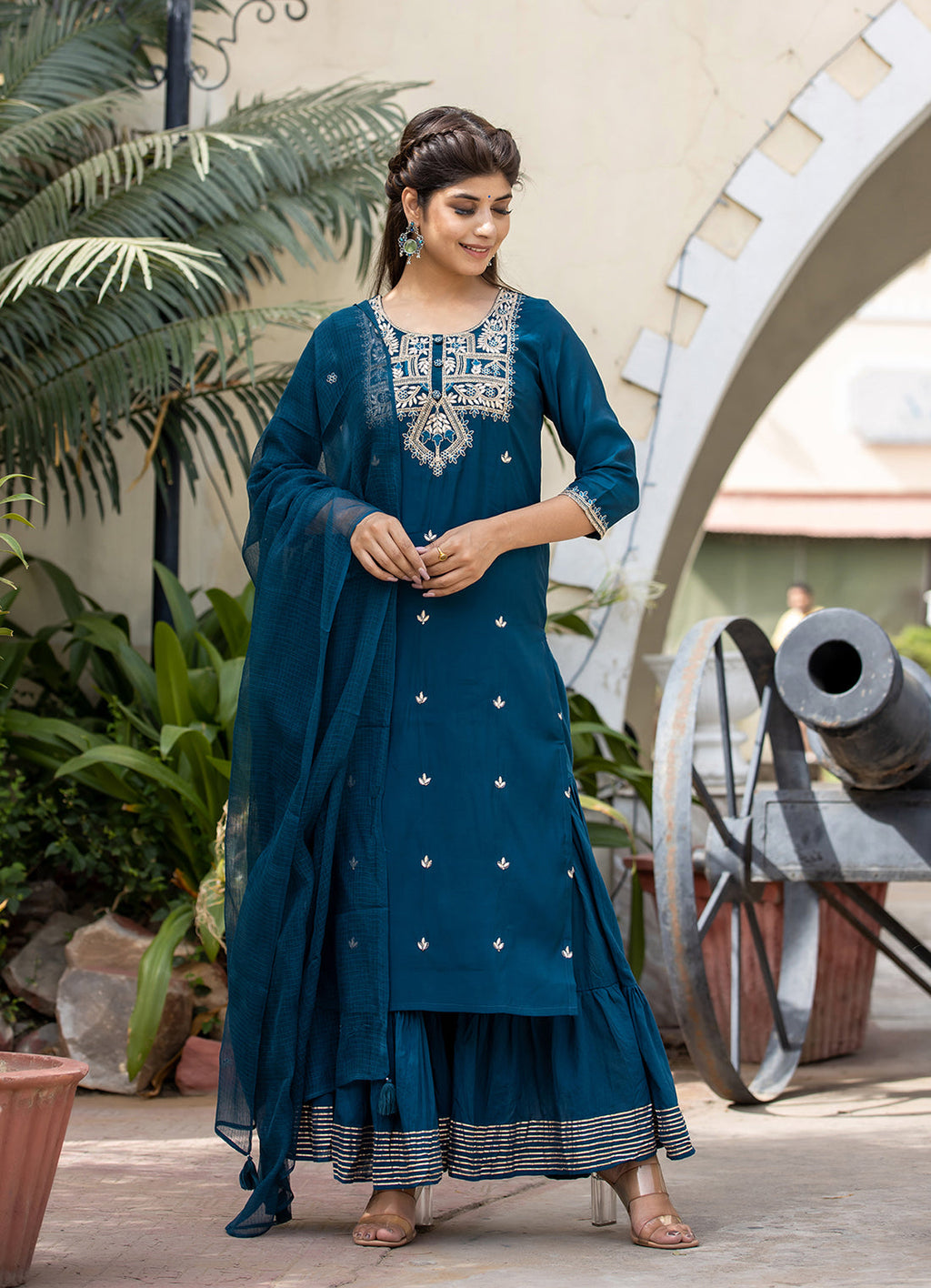 Kaajh Women's Blue Modal Silk Embroidered Kurta Sharara Set With Dupatta | Grocsy