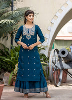 Kaajh Women's Blue Modal Silk Embroidered Kurta Sharara Set With Dupatta | Grocsy