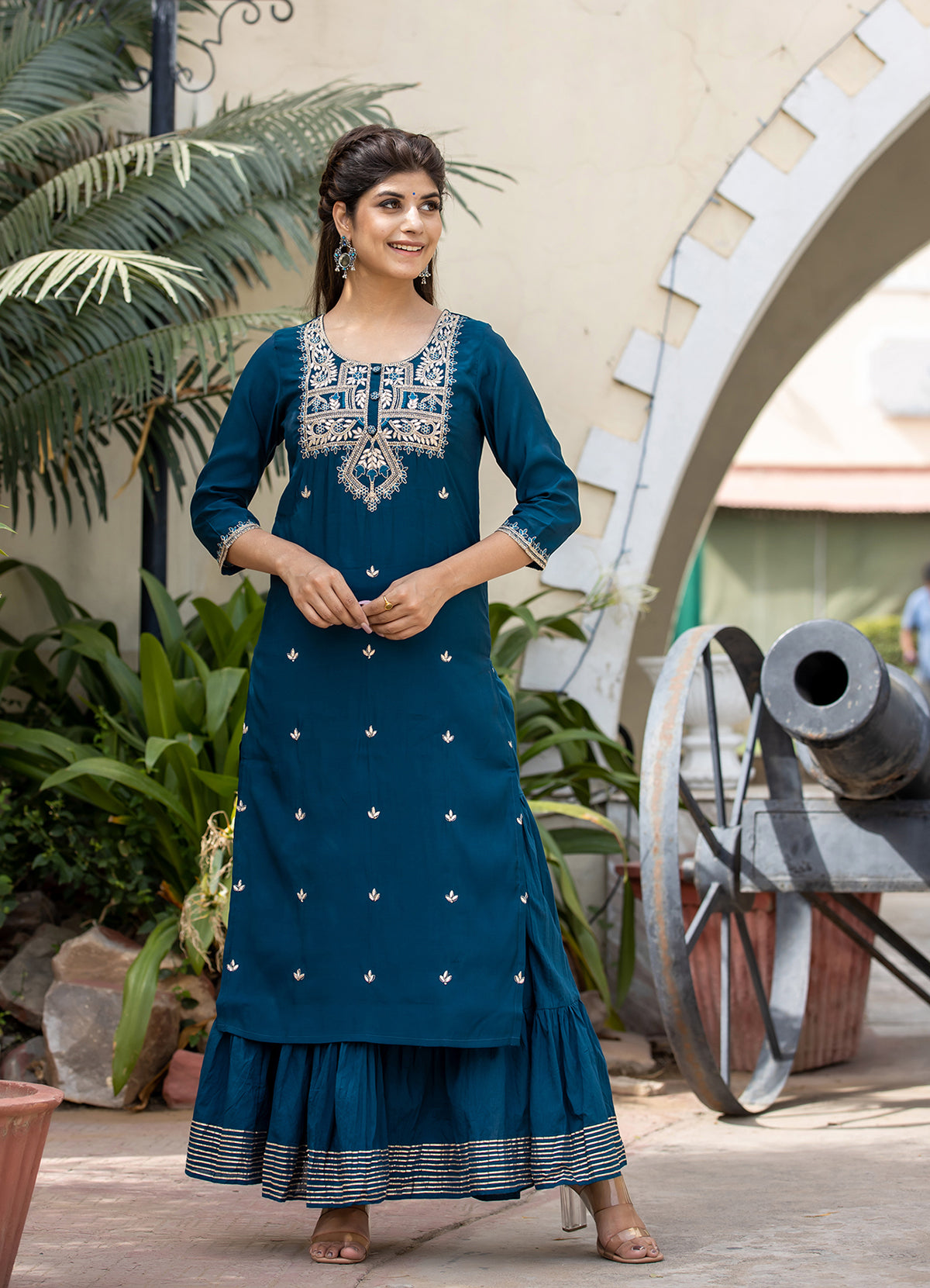 Kaajh Women's Blue Modal Silk Embroidered Kurta Sharara Set With Dupatta | Grocsy