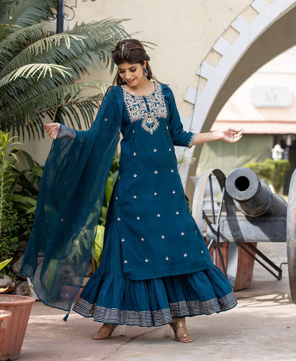 Kaajh Women's Blue Modal Silk Embroidered Kurta Sharara Set With Dupatta | Grocsy