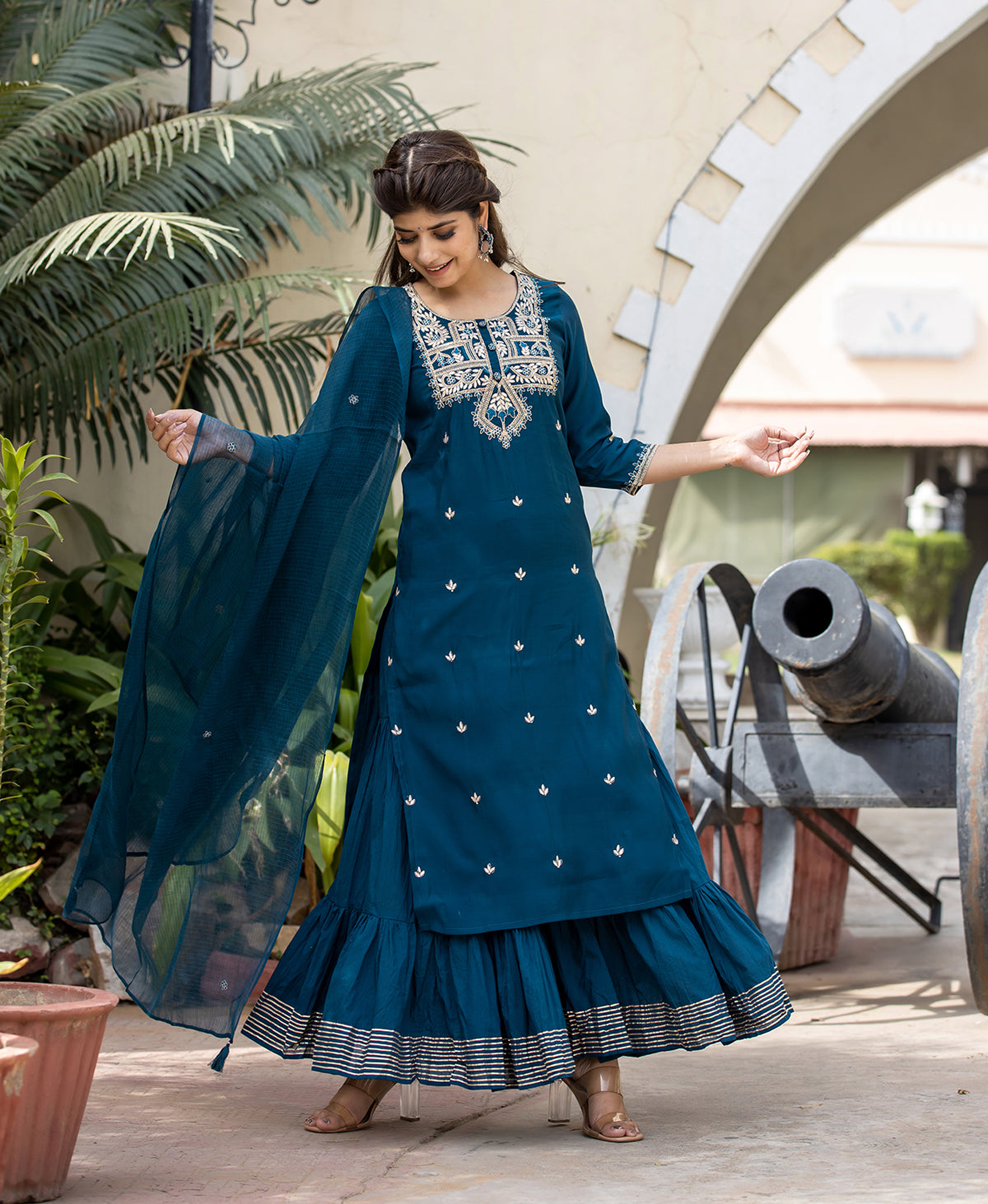 Kaajh Women's Blue Modal Silk Embroidered Kurta Sharara Set With Dupatta | Grocsy