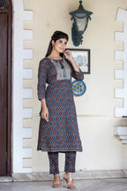 Kaajh Women's Blue Ajrak Print Cotton Kurta Pant Set | Grocsy
