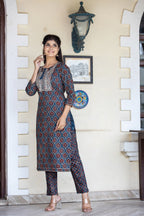 Kaajh Women's Blue Ajrak Print Cotton Kurta Pant Set | Grocsy