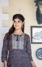 Kaajh Women's Blue Ajrak Print Cotton Kurta Pant Set | Grocsy