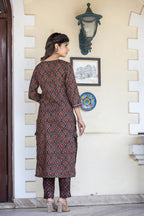 Kaajh Women's Brown Ajrak Print Cotton Kurta Pant Set | Grocsy