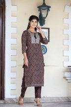 Kaajh Women's Brown Ajrak Print Cotton Kurta Pant Set | Grocsy