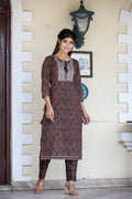 Kaajh Women's Brown Ajrak Print Cotton Kurta Pant Set | Grocsy