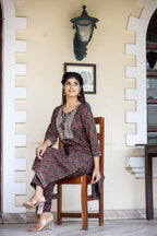 Kaajh Women's Brown Ajrak Print Cotton Kurta Pant Set | Grocsy