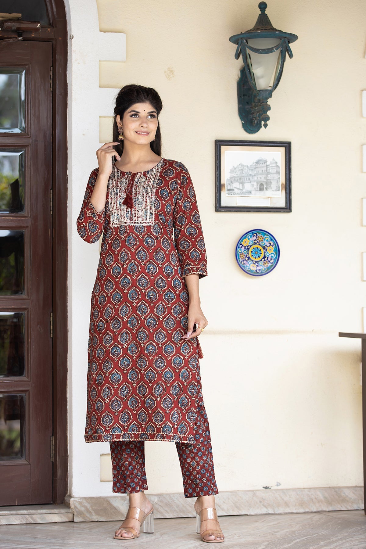 Kaajh Women's Red Ajrak Print Cotton Kurta Pant Set | Grocsy