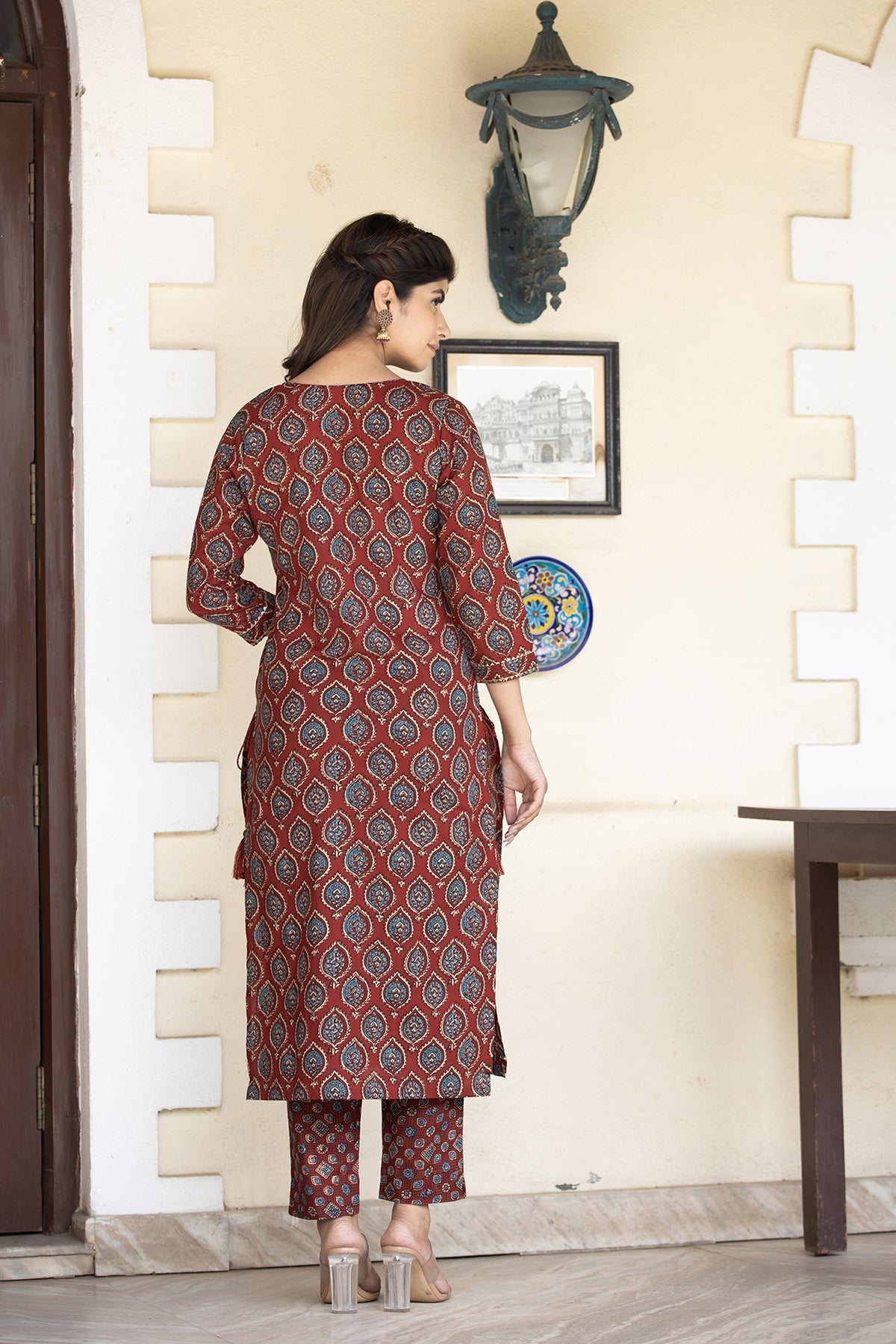 Kaajh Women's Red Ajrak Print Cotton Kurta Pant Set | Grocsy