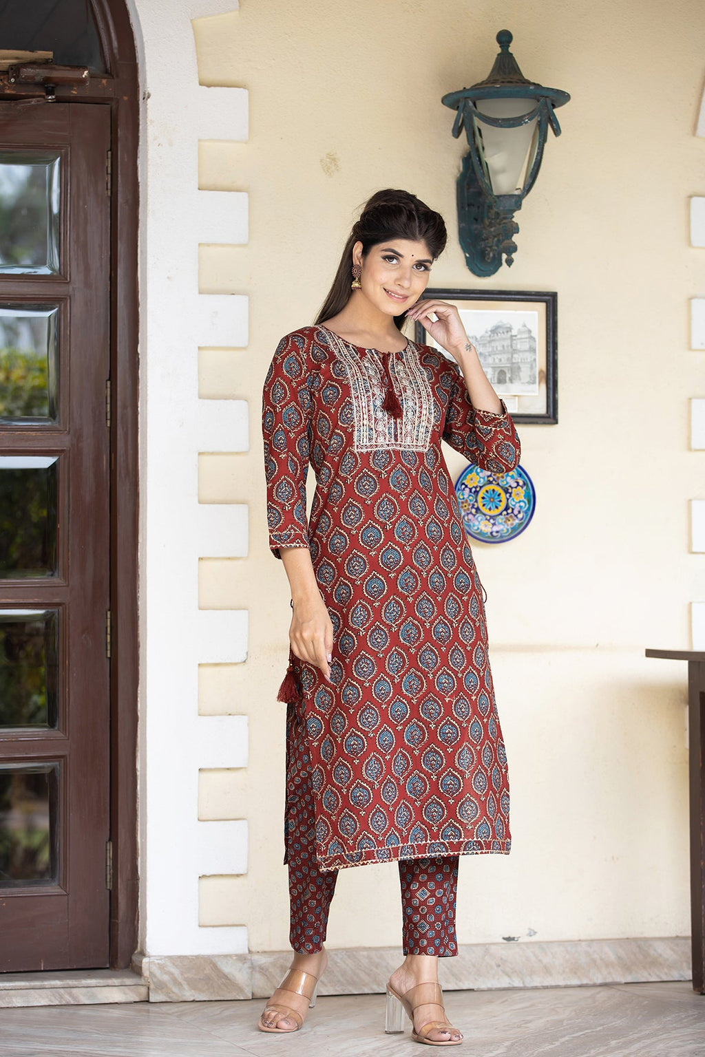 Kaajh Women's Red Ajrak Print Cotton Kurta Pant Set | Grocsy