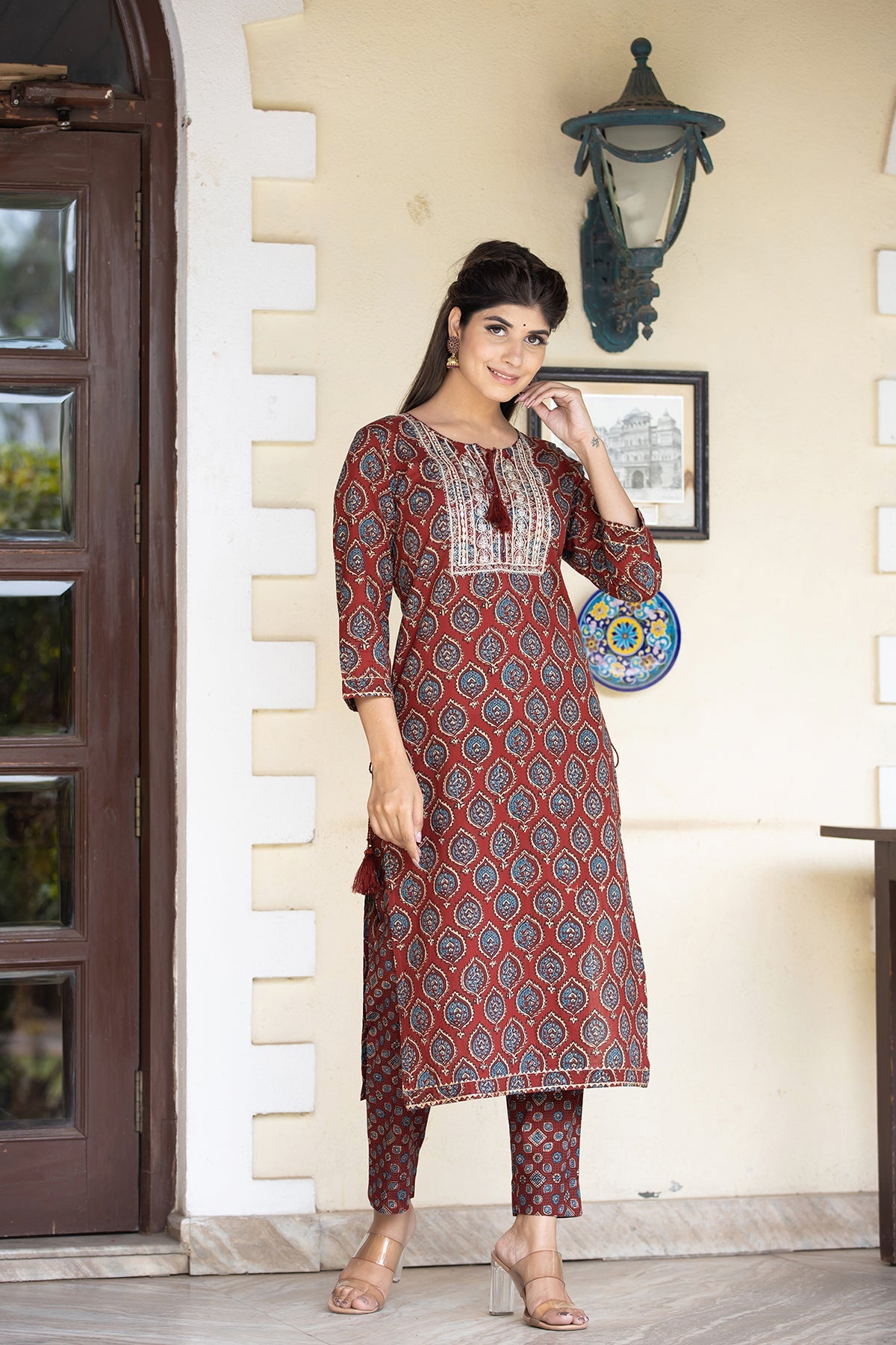 Kaajh Women's Red Ajrak Print Cotton Kurta Pant Set | Grocsy