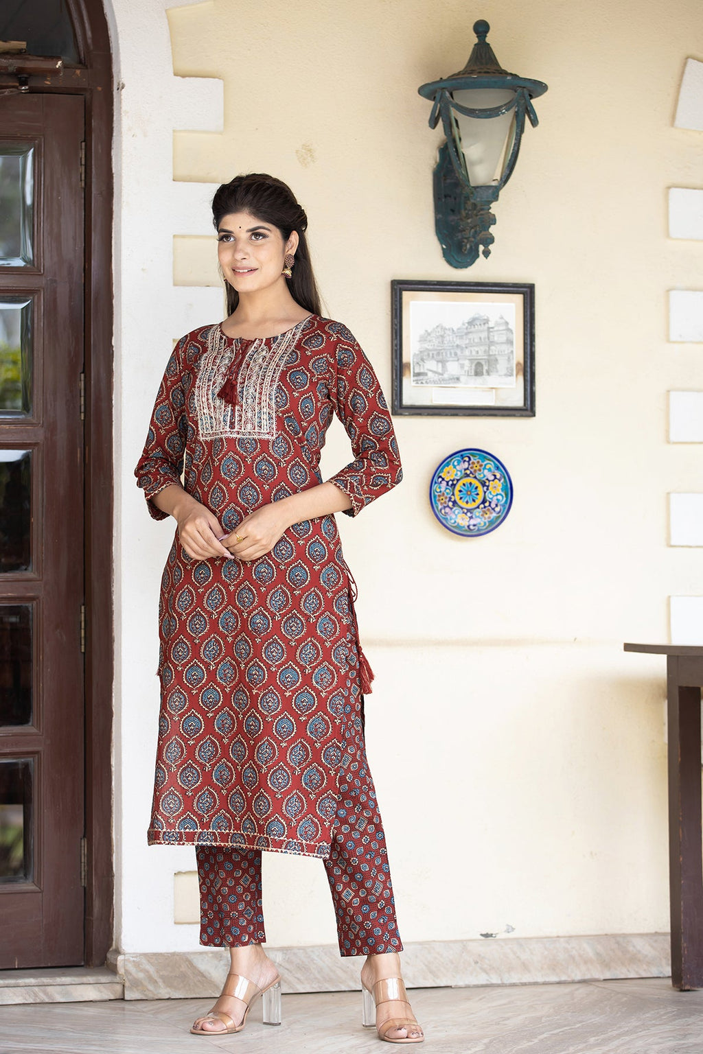 Kaajh Women's Red Ajrak Print Cotton Kurta Pant Set | Grocsy