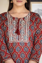 Kaajh Women's Red Ajrak Print Cotton Kurta Pant Set | Grocsy