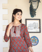 Kaajh Women's Red Ajrak Print Cotton Kurta Pant Set | Grocsy