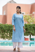 Kaajh Women's Sky Blue Floral Print Cotton Casual Kurta | Grocsy
