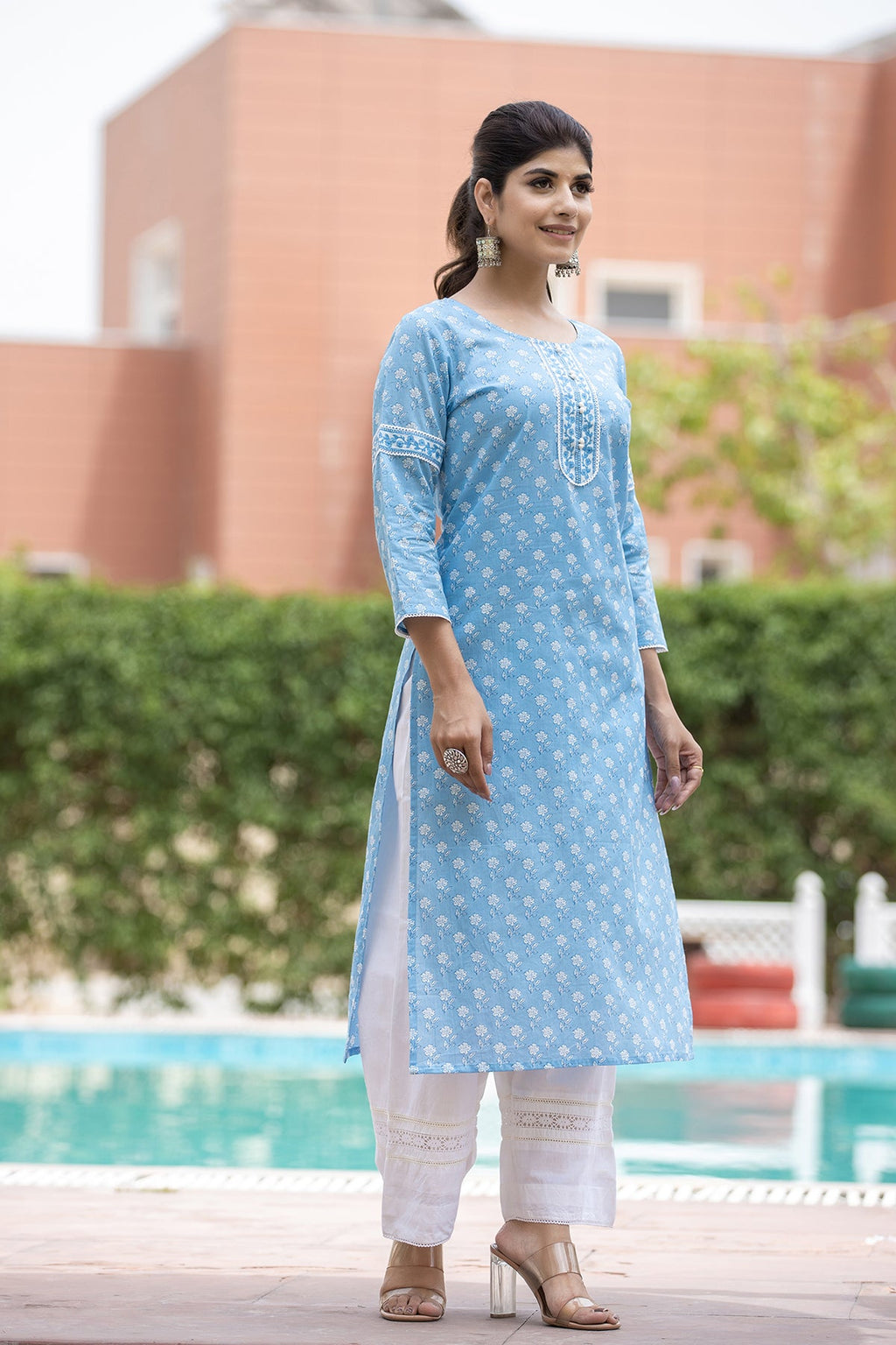 Kaajh Women's Sky Blue Floral Print Cotton Casual Kurta | Grocsy