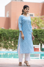 Kaajh Women's Sky Blue Floral Print Cotton Casual Kurta | Grocsy