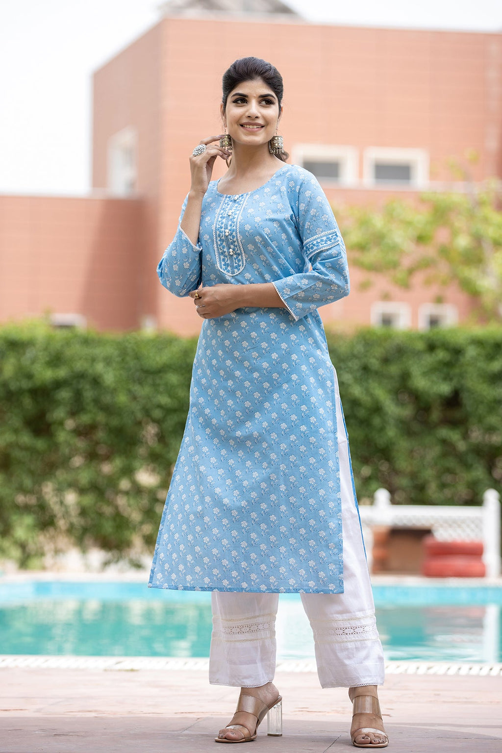Kaajh Women's Sky Blue Floral Print Cotton Casual Kurta | Grocsy