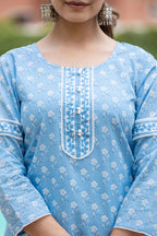 Kaajh Women's Sky Blue Floral Print Cotton Casual Kurta | Grocsy