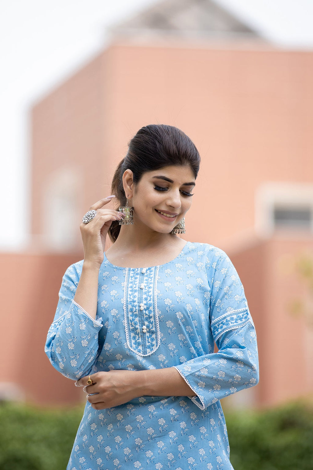Kaajh Women's Sky Blue Floral Print Cotton Casual Kurta | Grocsy