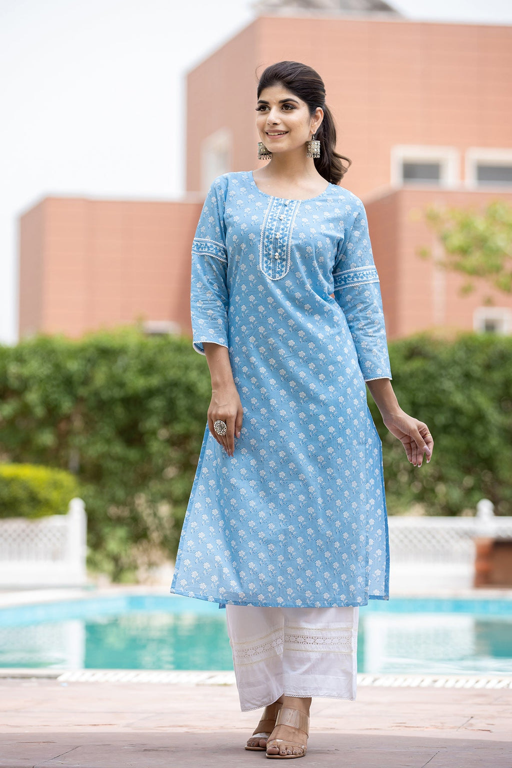 Kaajh Women's Sky Blue Floral Print Cotton Casual Kurta | Grocsy