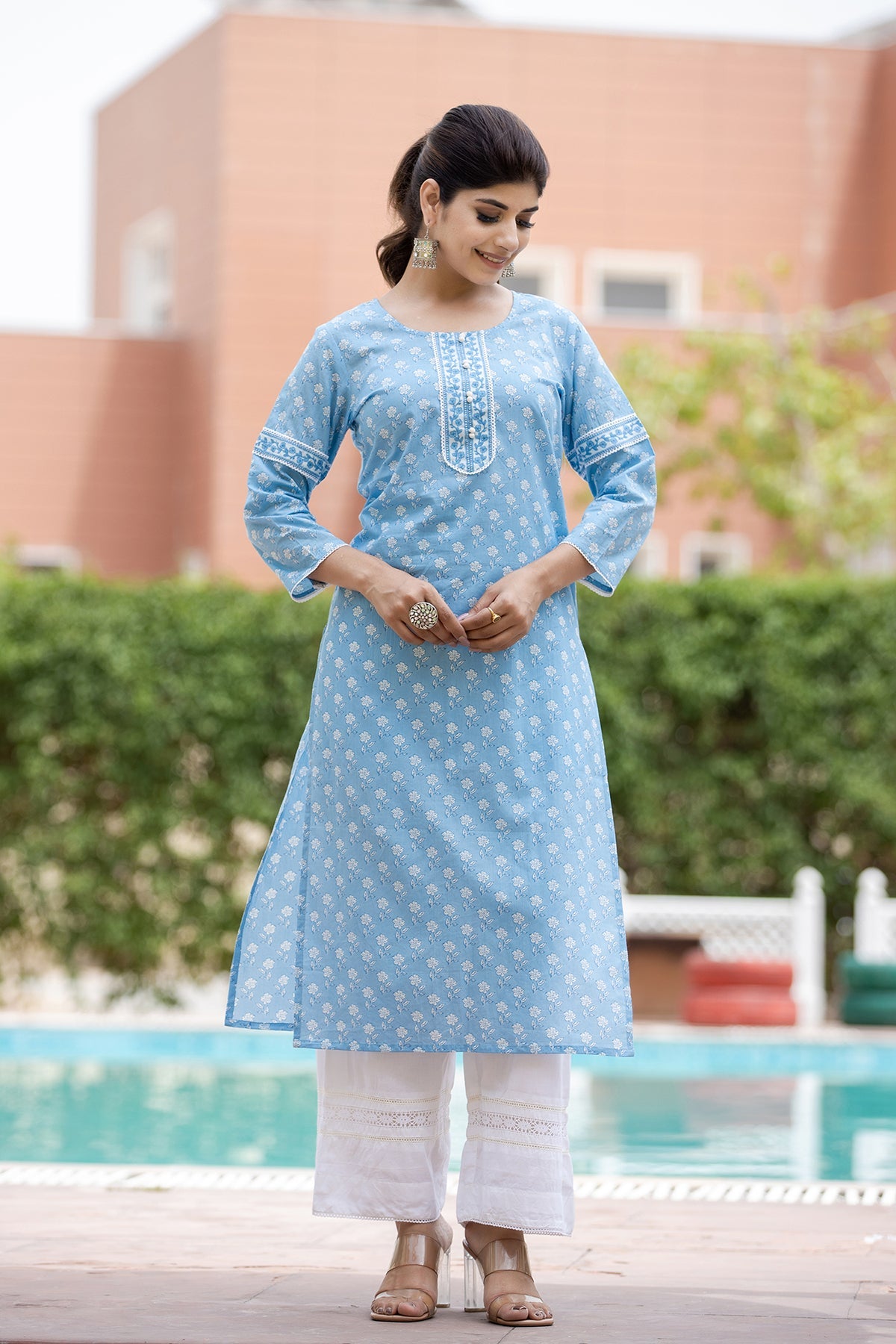Kaajh Women's Sky Blue Floral Print Cotton Casual Kurta | Grocsy