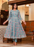 Kaajh Women's Turquoise Floral Print Flared Anarkali Kurta With Pant | Grocsy