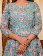 Kaajh Women's Turquoise Floral Print Flared Anarkali Kurta With Pant | Grocsy