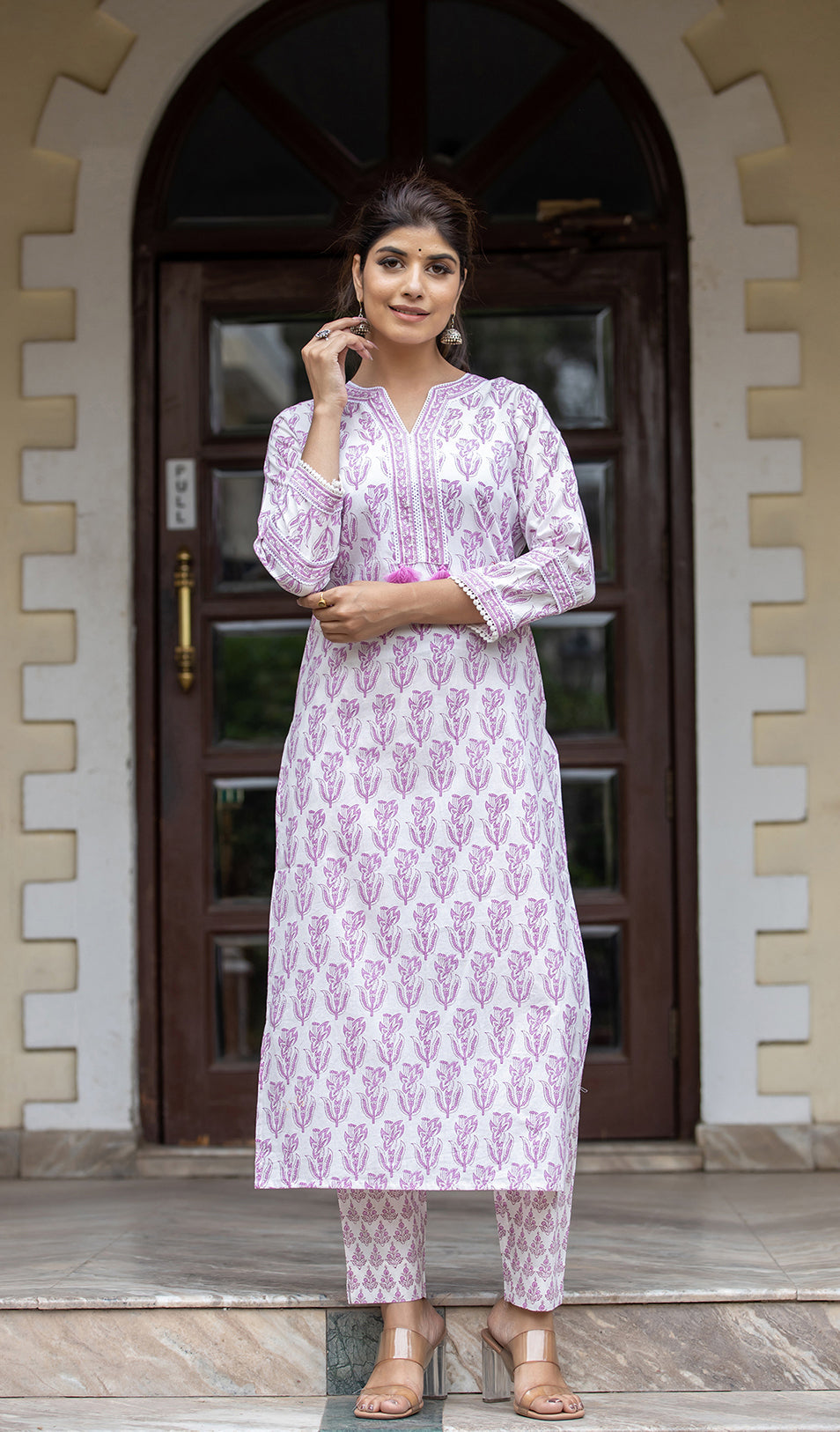 Kaajh Women's White Purple Ethnic Printed Cotton Kurta Pant Set | Grocsy