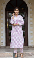 Kaajh Women's White Purple Ethnic Printed Cotton Kurta Pant Set | Grocsy
