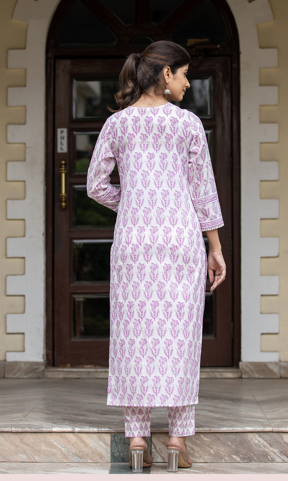 Kaajh Women's White Purple Ethnic Printed Cotton Kurta Pant Set | Grocsy