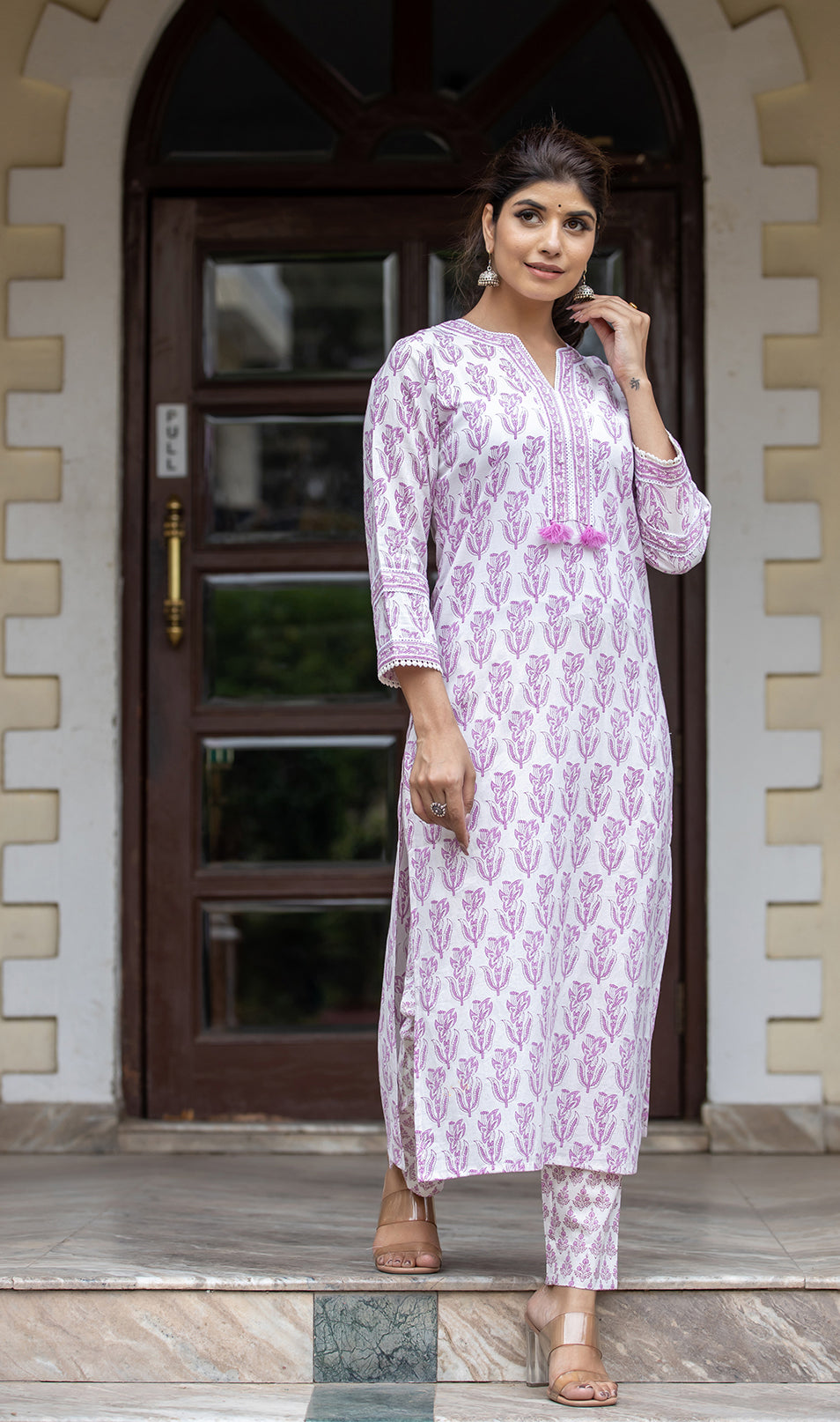 Kaajh Women's White Purple Ethnic Printed Cotton Kurta Pant Set | Grocsy