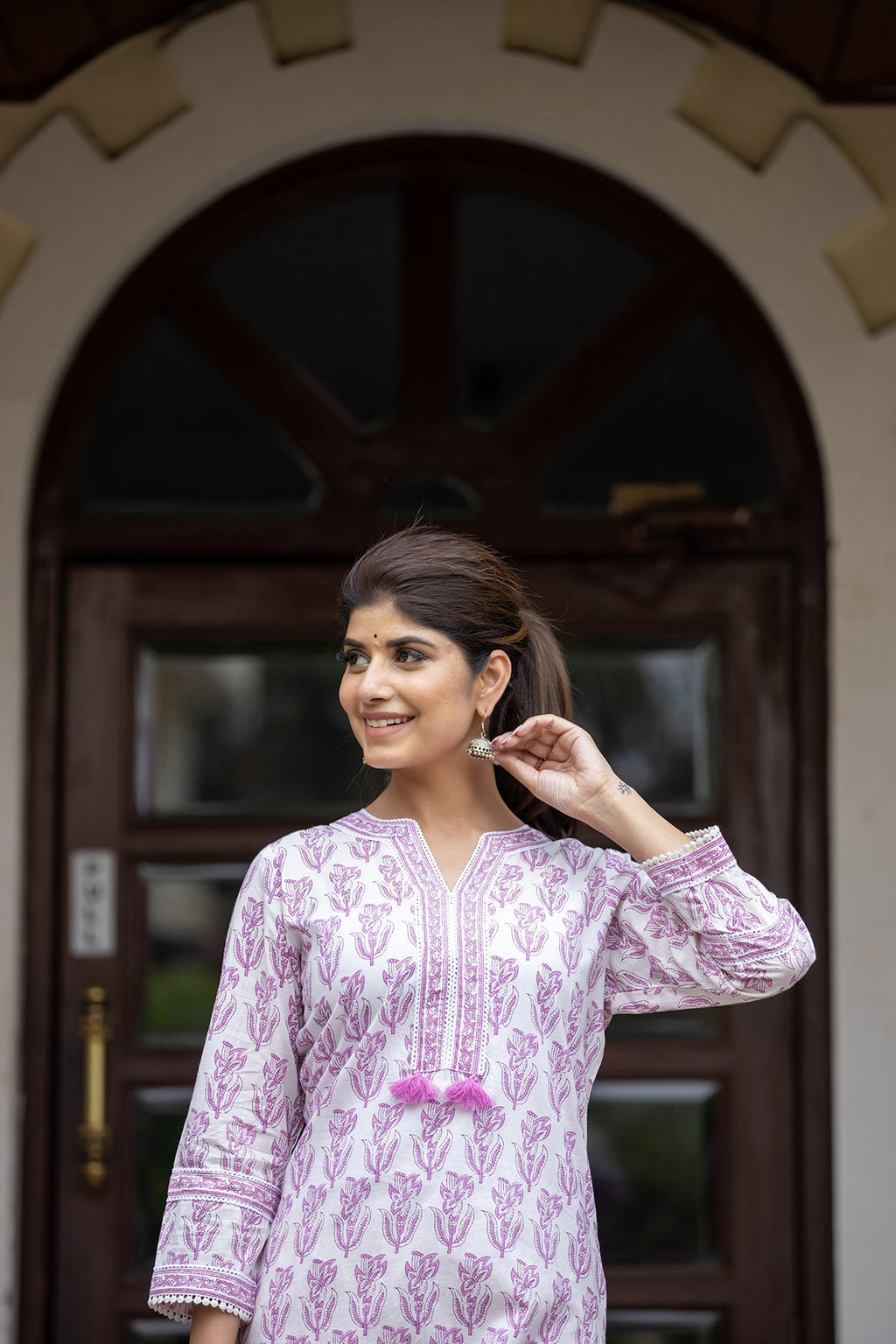 Kaajh Women's White Purple Ethnic Printed Cotton Kurta Pant Set | Grocsy