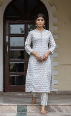 Kaajh Women's White Sea Green Printed Cotton Casual Kurta Pant Set | Grocsy