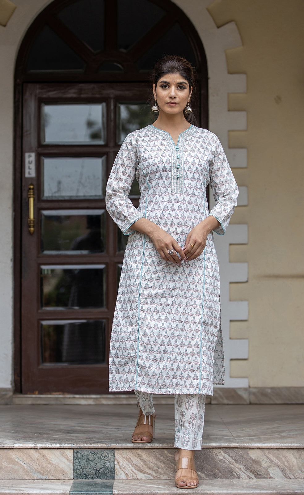 Kaajh Women's White Sea Green Printed Cotton Casual Kurta Pant Set | Grocsy