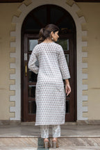 Kaajh Women's White Sea Green Printed Cotton Casual Kurta Pant Set | Grocsy