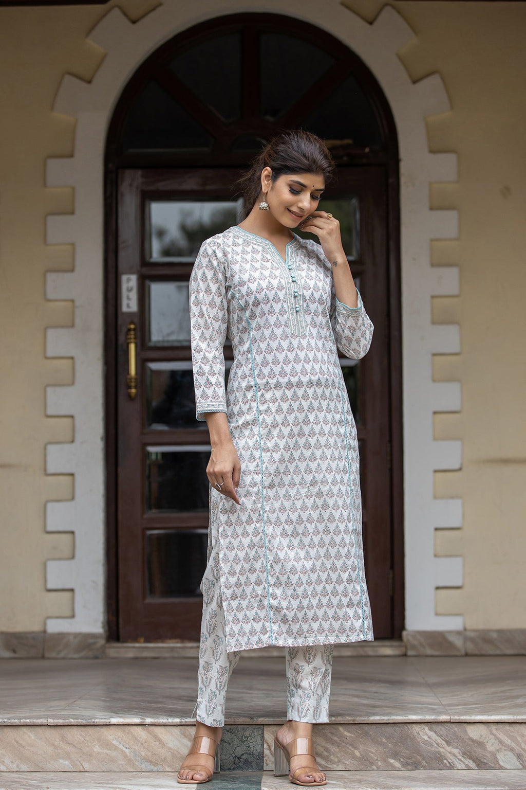Kaajh Women's White Sea Green Printed Cotton Casual Kurta Pant Set | Grocsy
