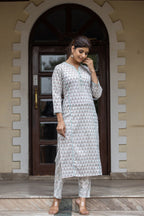 Kaajh Women's White Sea Green Printed Cotton Casual Kurta Pant Set | Grocsy